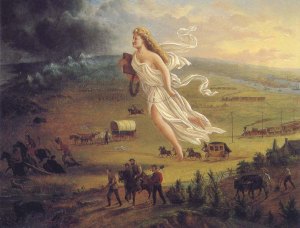 This painting is by John Gast called American Progress.  This painting is representing modernism in United States also known as, Manifest Destiny. Colonist expand through the west and change "primitive" world into a modern society. The angel in the middle is holding a book, telegraph wire, and changing the type of transportation from walking to horses and trains.  